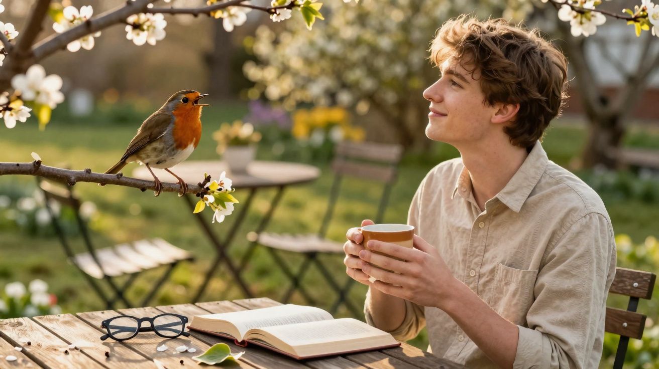 Jovem sentado ao ar livre a beber chá, olhando um pássaro numa árvore florida próxima.
