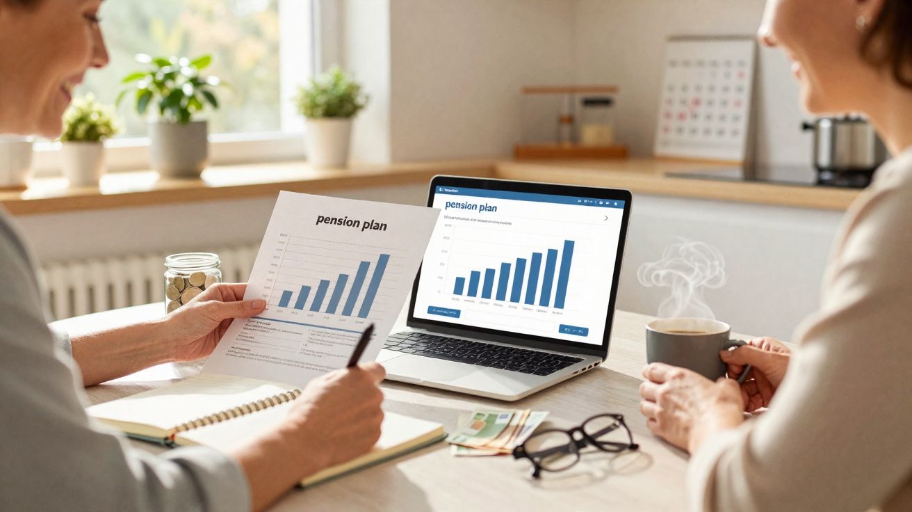 Duas mulheres a analisar gráficos de crescimento de um plano de pensões num computador portátil e em papel.
