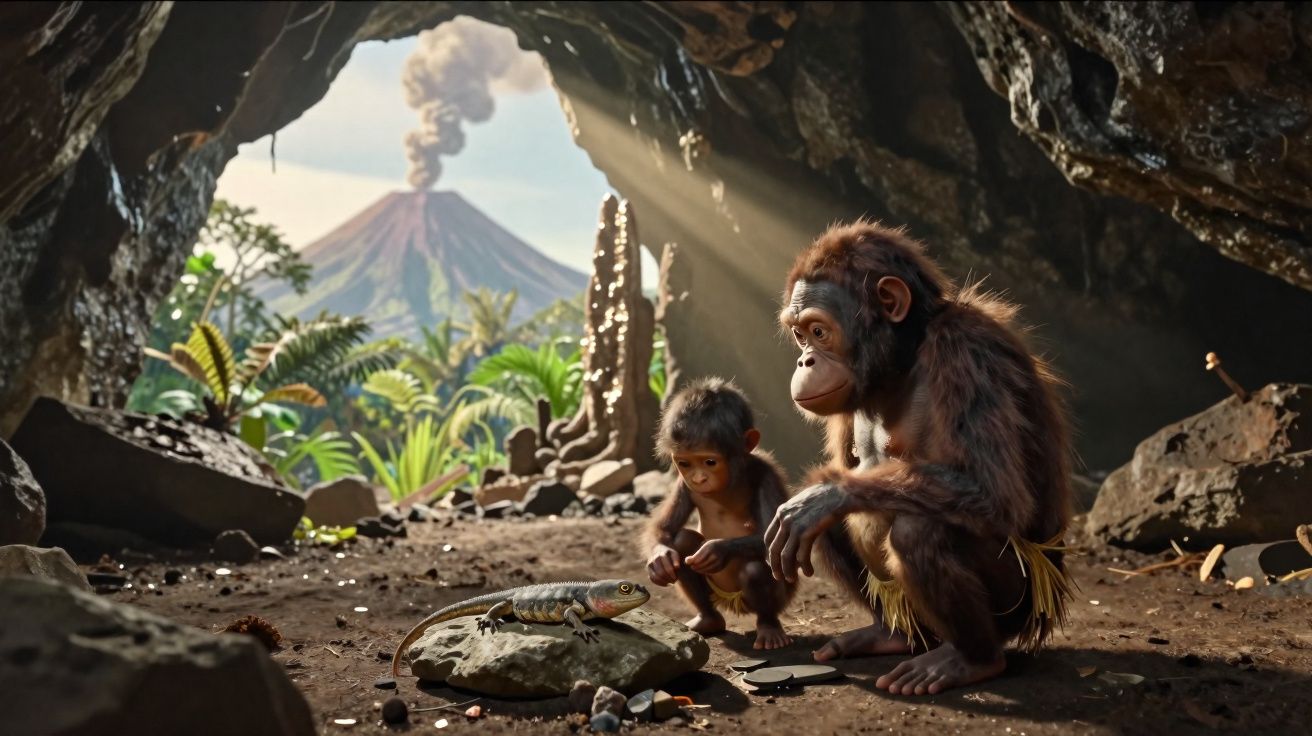 Dois macacos numa caverna observam um lagarto, com floresta e vulcão em erupção ao fundo.