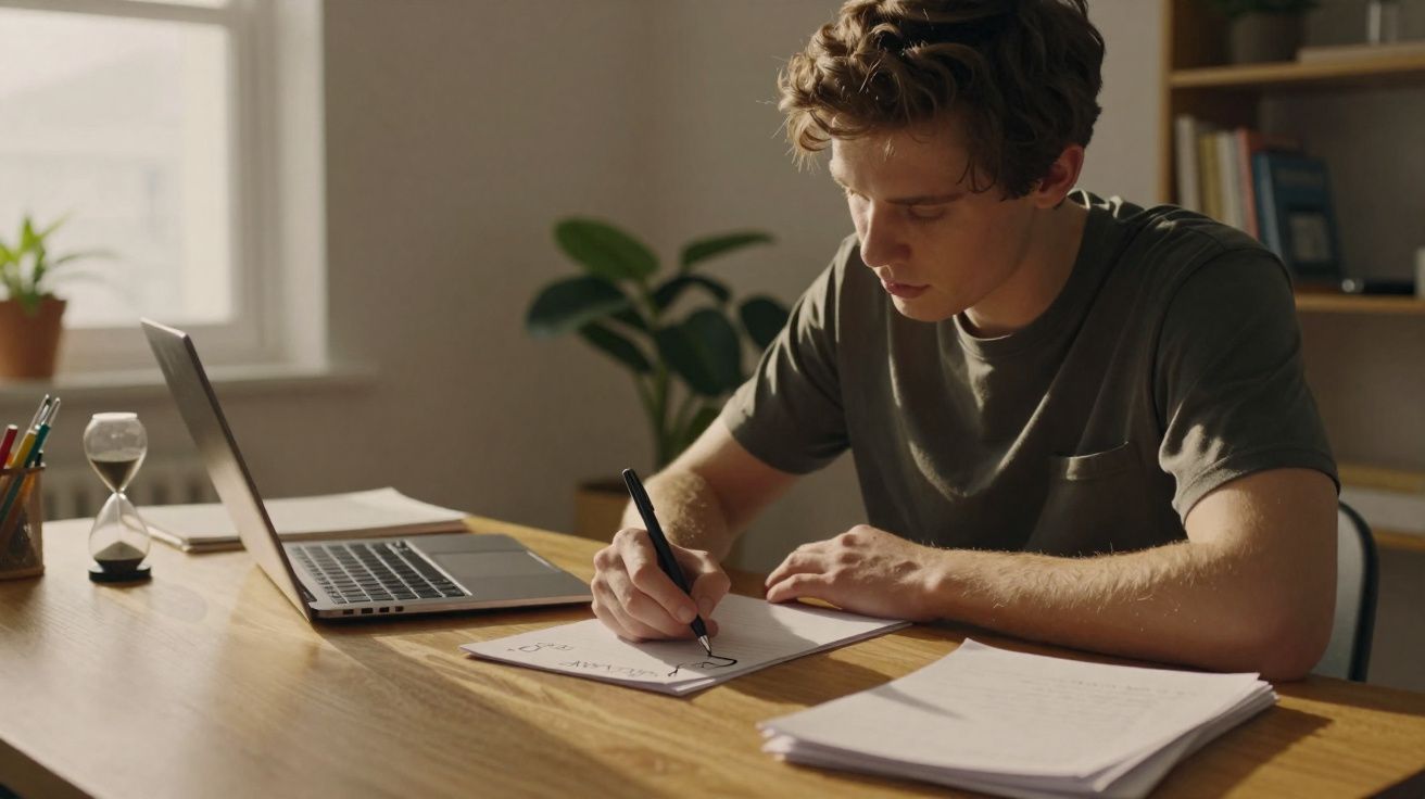 Jovem a escrever notas num caderno à mesa com computador portátil aberto e ampulheta ao lado.