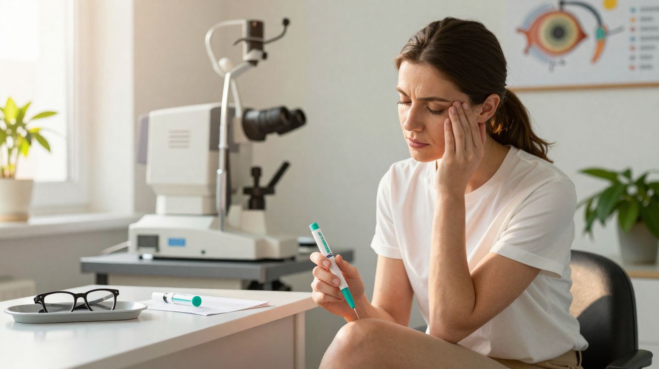 Mulher sentada em clínica optométrica, segurando dispositivo e com expressão de dor na cabeça.