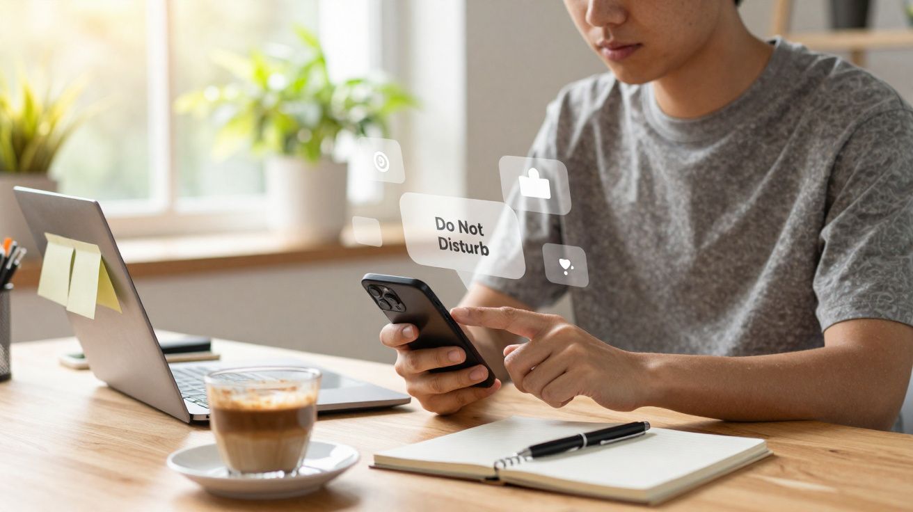 Pessoa a usar telemóvel com ícone “Não incomodar” em foco, mesa com café, caderno, caneta e portátil ao fundo.