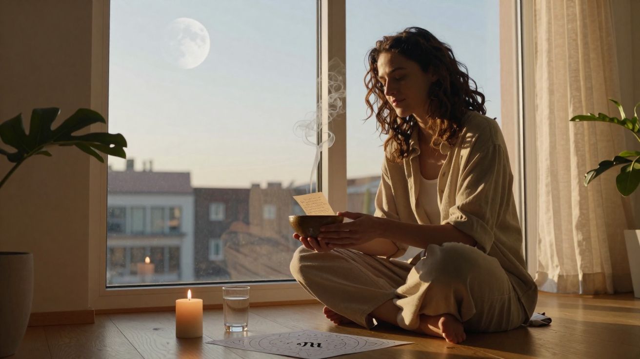 Mulher sentada no chão junto a vela acesa e janela com vista para a lua, meditando ou em ritual relaxante.
