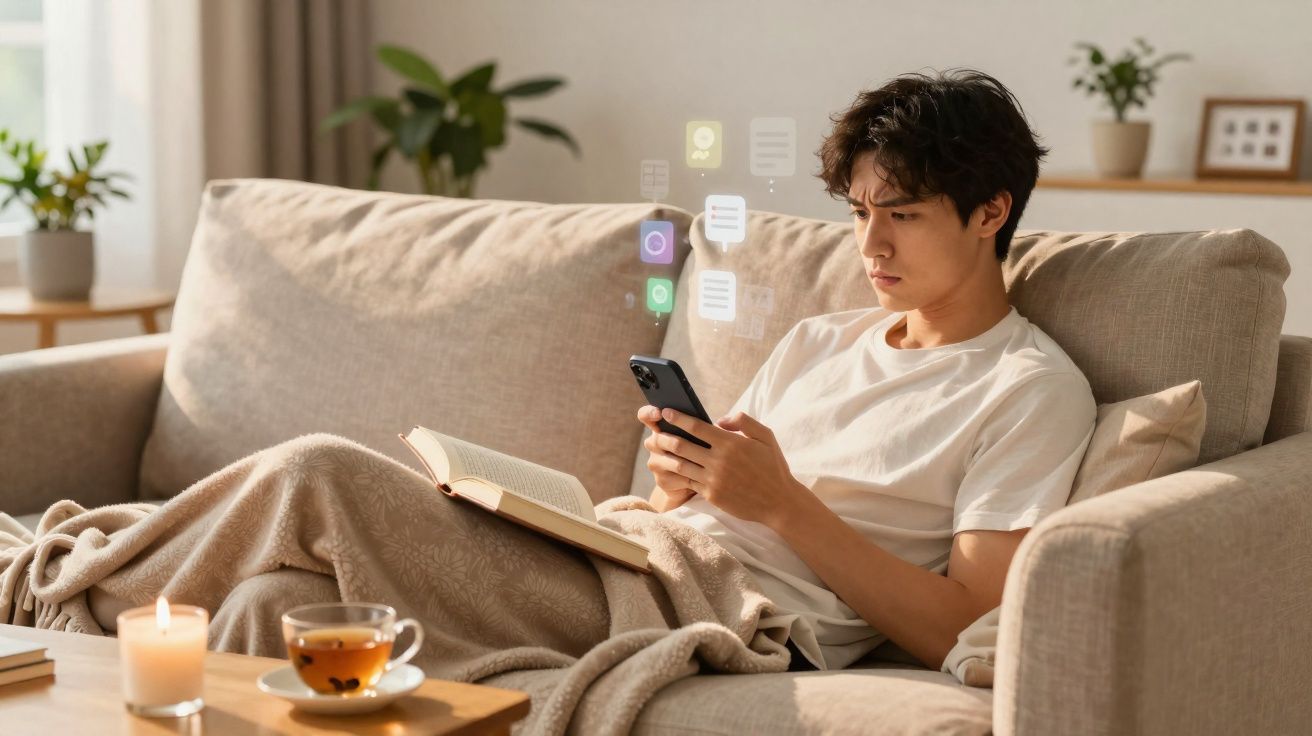Jovem sentado no sofá coberto por manta, lendo livro e a usar telemóvel com ícones de mensagens flutuantes.