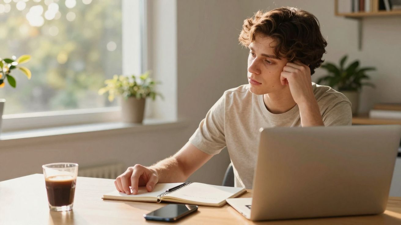 Jovem pensativo a trabalhar num computador portátil com caderno e café numa mesa junto a uma janela.