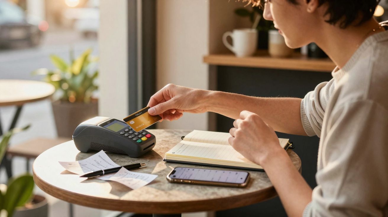 Pessoa a fazer pagamento contactless com cartão num terminal, com telemóvel e caderno numa mesa redonda.