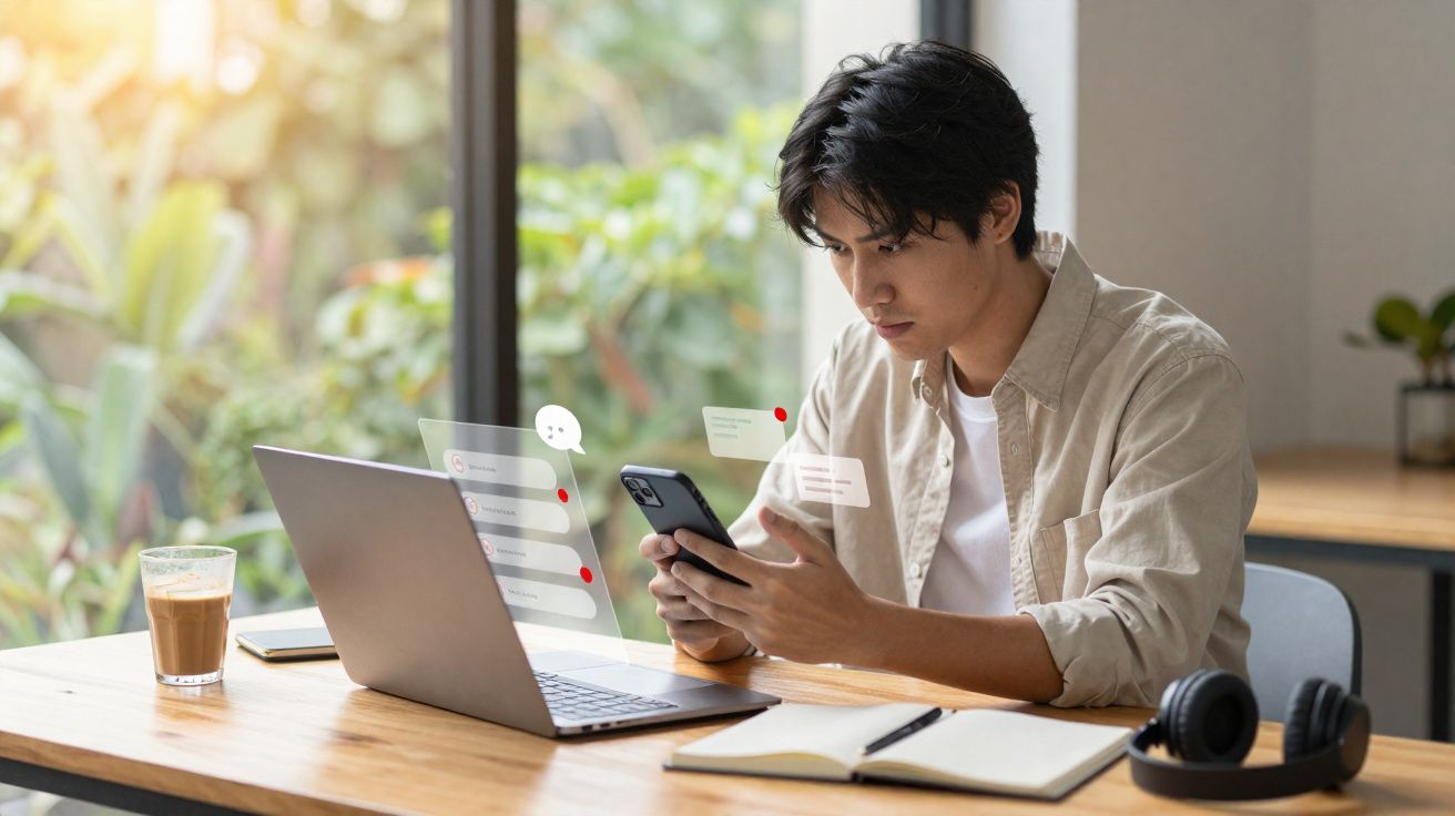 Homem a trabalhar com portátil e telemóvel numa mesa de madeira, com café, caderno e auscultadores.