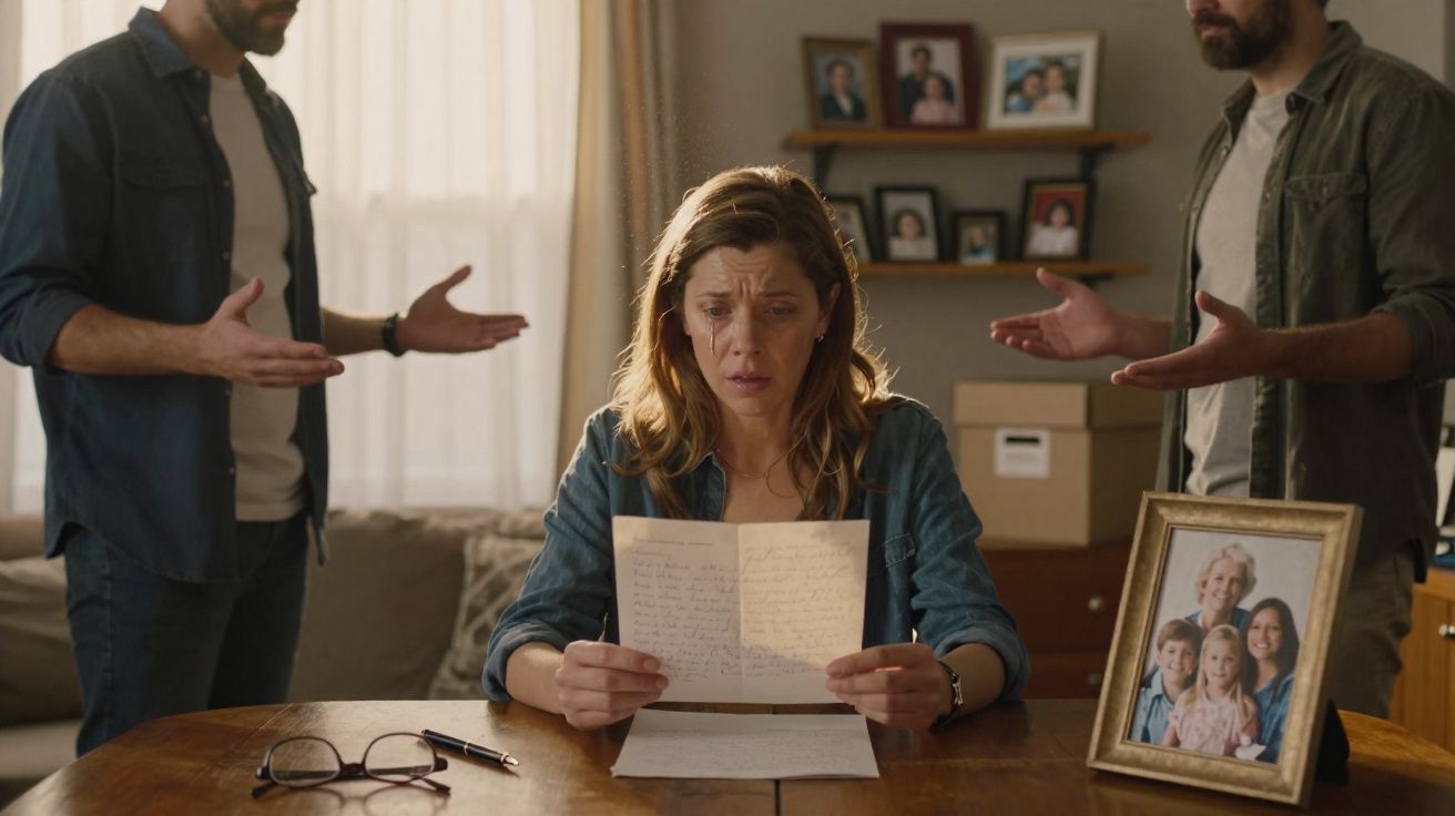 Mulher preocupada lê carta sentada à mesa enquanto dois homens discutem ao fundo numa sala.
