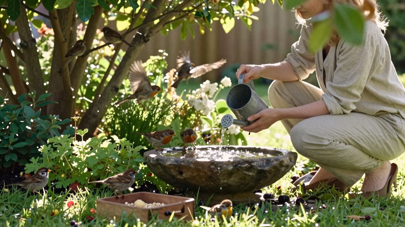 Pessoa rega um bebedouro de pássaros num jardim com várias aves a beber água.