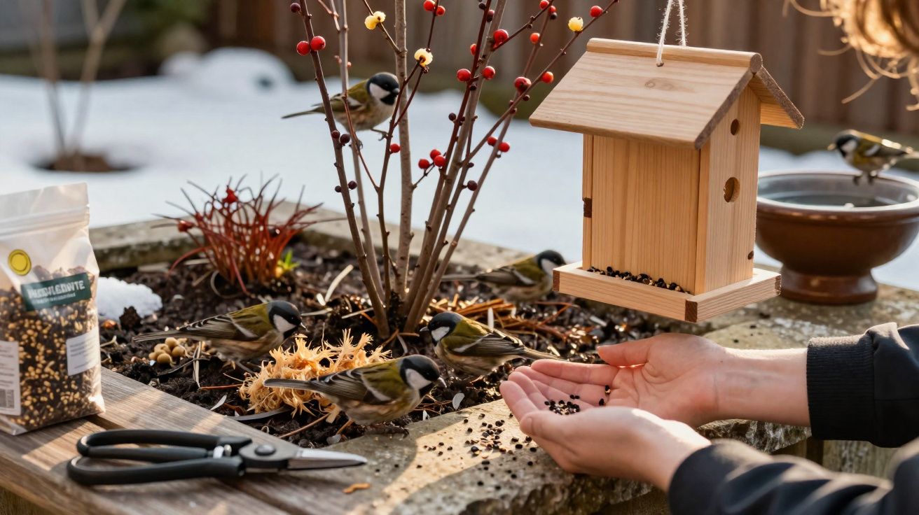 Pessoas a alimentar pássaros pequenos junto a alimentador de madeira num jardim com ramos e sementes.