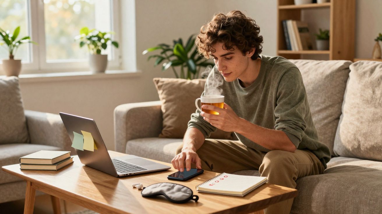 Jovem sentado no sofá a usar telemóvel e a beber chá com laptop e caderno numa mesa de madeira à frente.