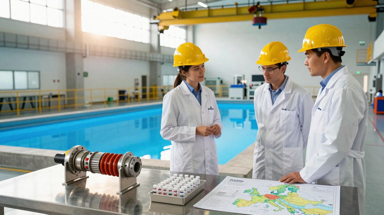 Três engenheiros com capacetes amarelos analisam mapa e equipamento num laboratório industrial com piscina de água.