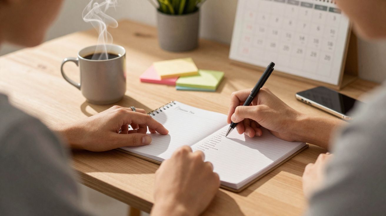 Duas pessoas escrevem e discutem notas num caderno sobre uma mesa com café quente e calendário.