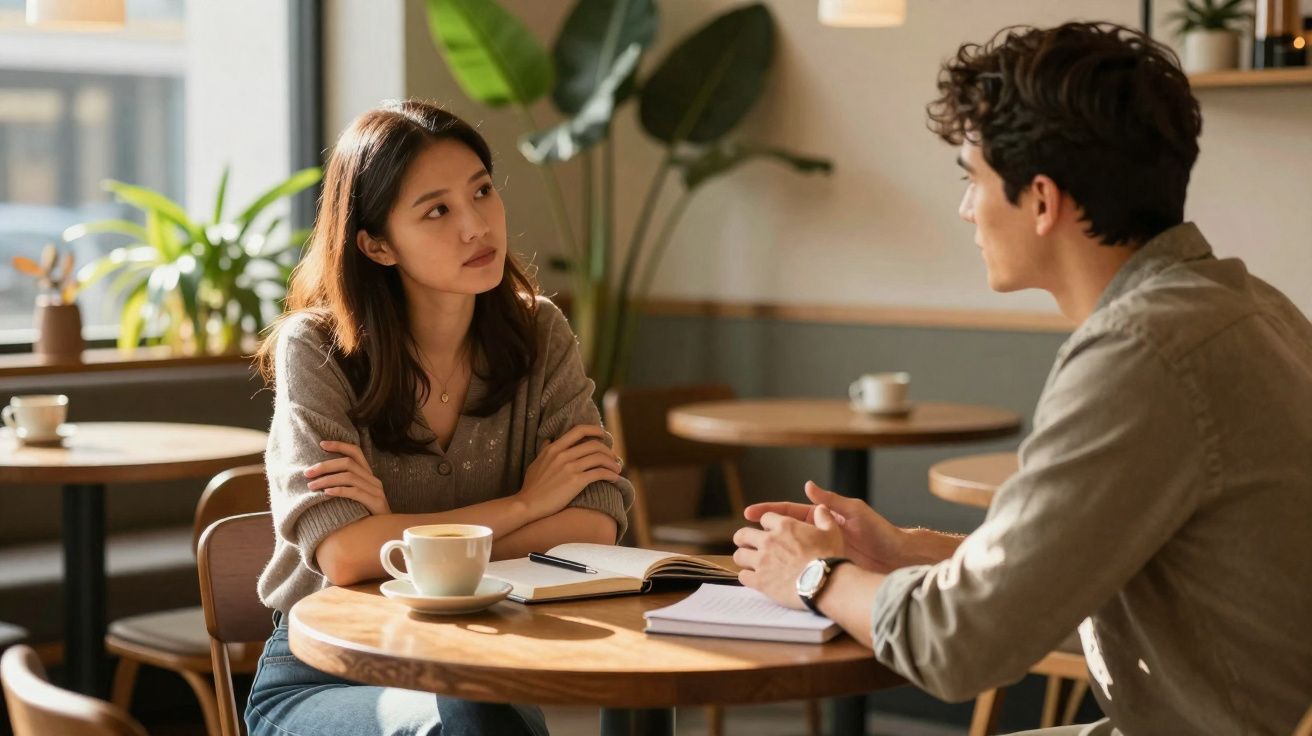 Duas pessoas sentadas numa cafetaria, a conversar com livros e chá numa mesa redonda de madeira.