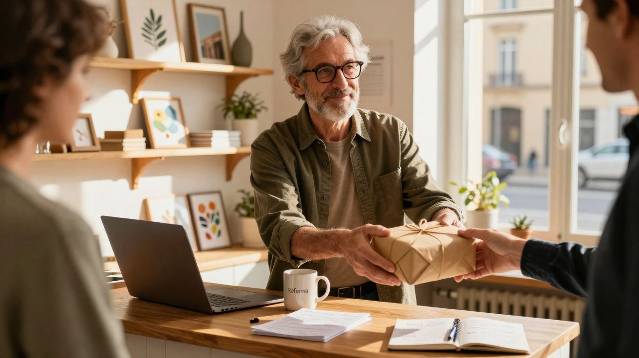 Homem sénior entrega presente embrulhado a outra pessoa num ambiente de escritório com luz natural.