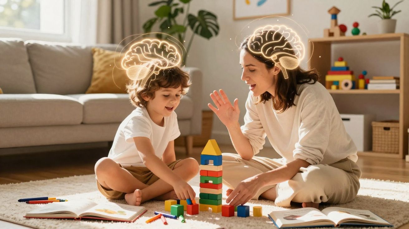 Mãe e filho a jogar com blocos coloridos no chão, com ilustração de cérebro brilhante sobre as suas cabeças.