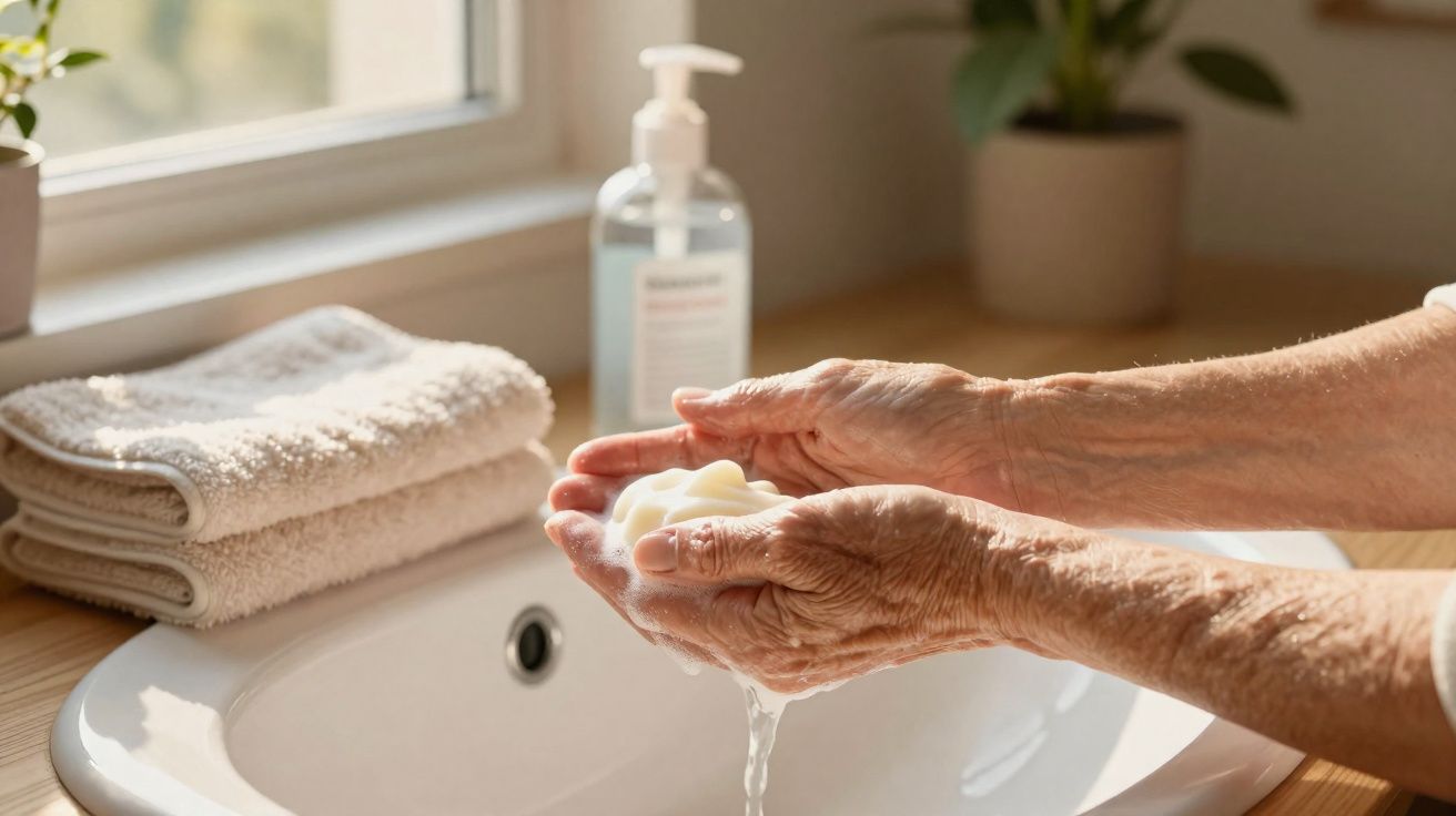 Mãos idosas com espuma de sabão em pia de casa de banho, toalhas dobradas e dispensador de sabão ao fundo.