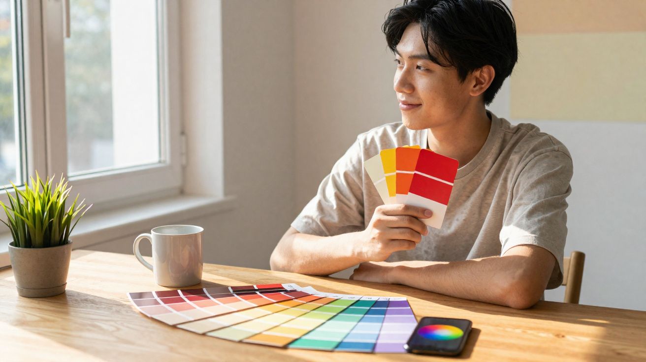 Jovem sentado à mesa perto da janela, segurando amostras de cores e olhando para fora, com paleta colorida à sua frente.