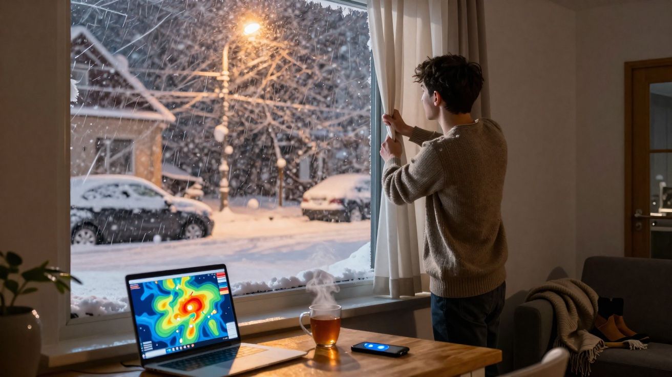 Pessoa a olhar pela janela para a neve caída, com computador, chá quente e telemóvel numa mesa interior.