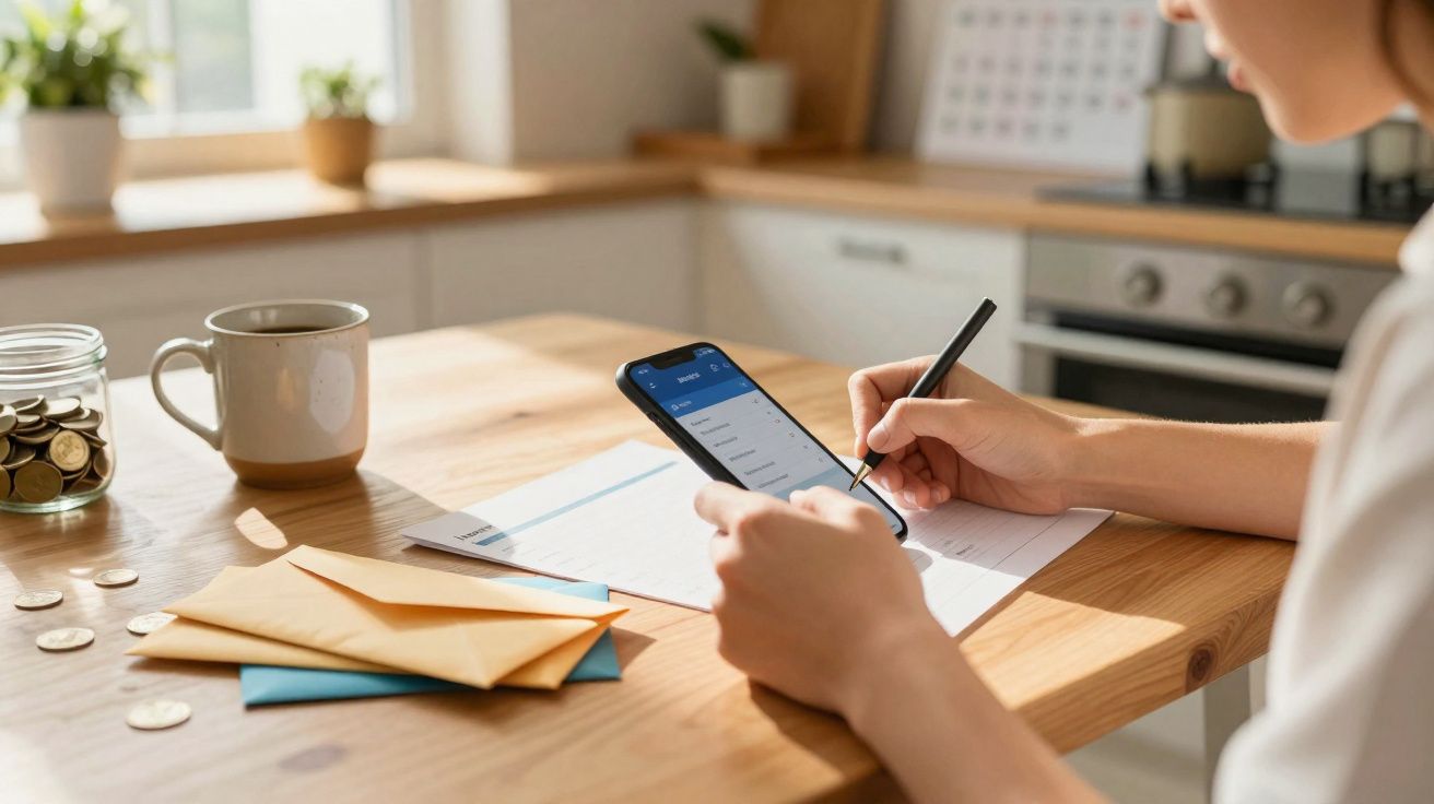 Pessoa a usar telemóvel e a fazer anotações numa cozinha, com envelopes, moedas e chávena na mesa.