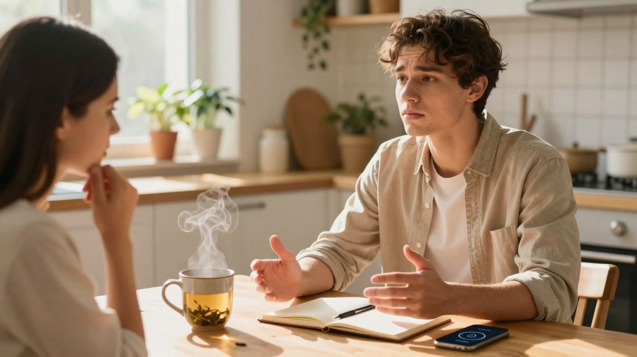 Jovem a falar com mulher numa cozinha, com chá fumegante e caderno aberto na mesa.