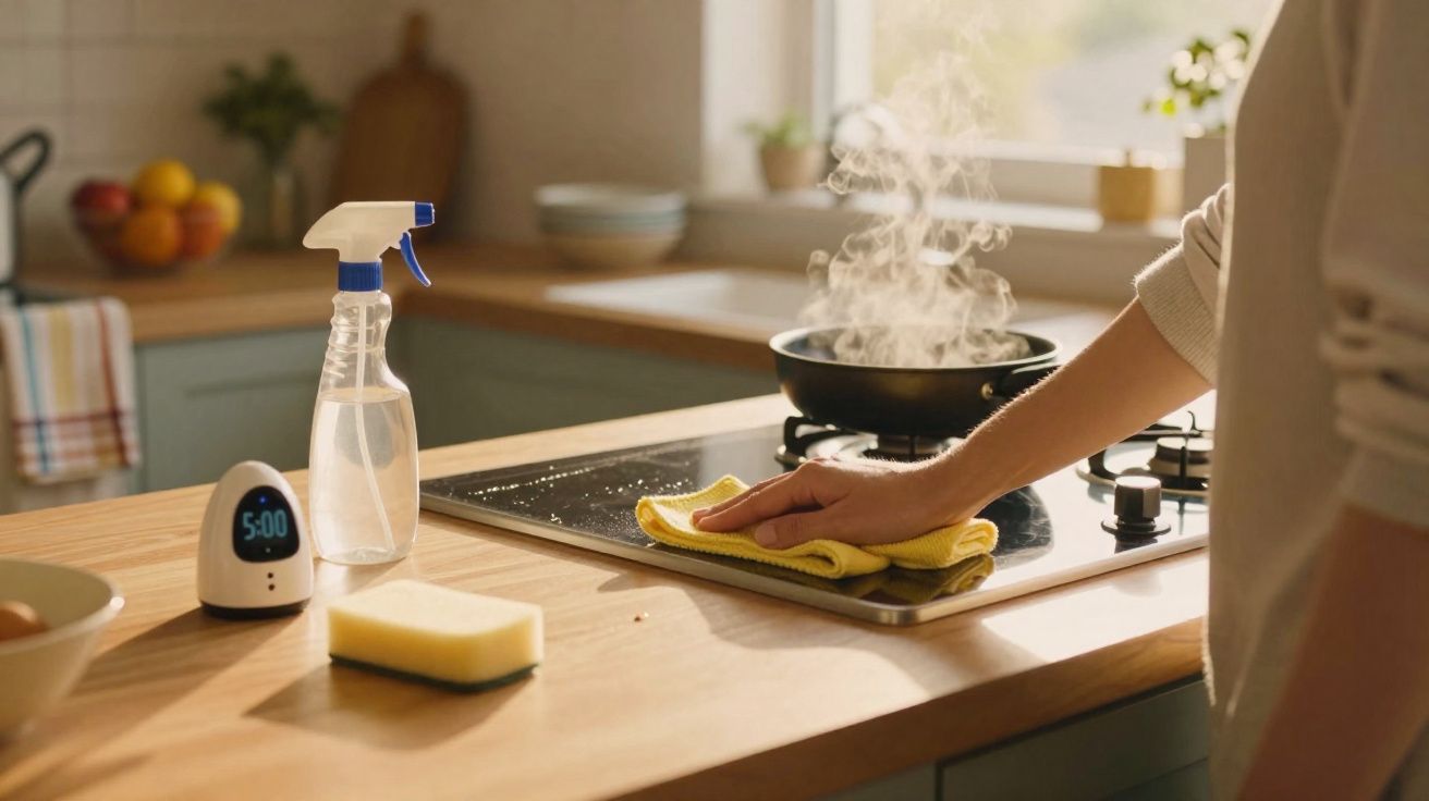 Pessoa limpa placa de fogão na cozinha com pano amarelo, spray e esponja na bancada.