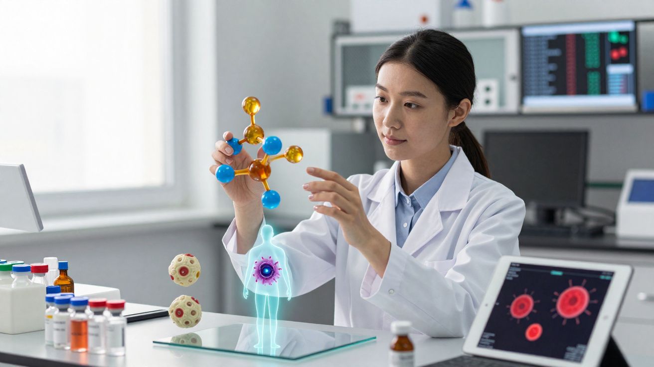 Cientista no laboratório analisa moléculas e visualiza modelo holográfico de vírus humano.