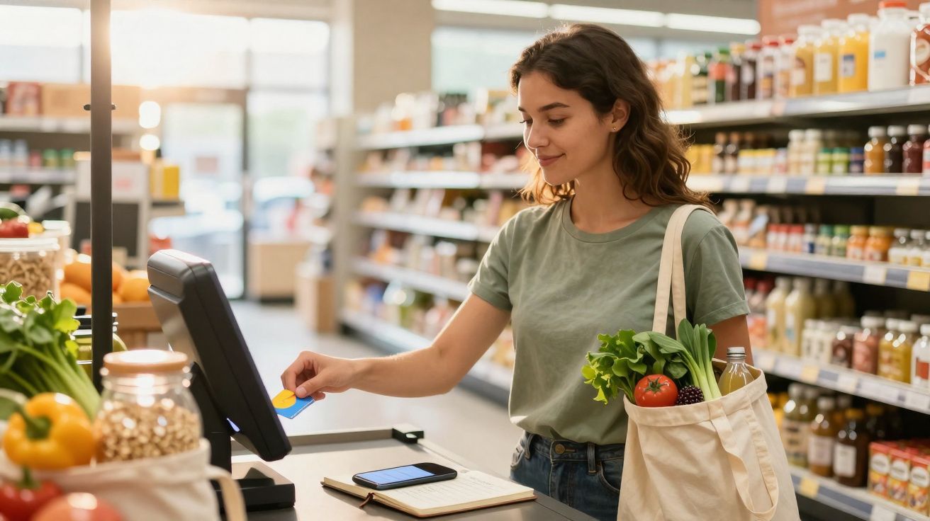 Mulher a pagar com cartão num supermercado, com saco reutilizável cheio de legumes e frutas.