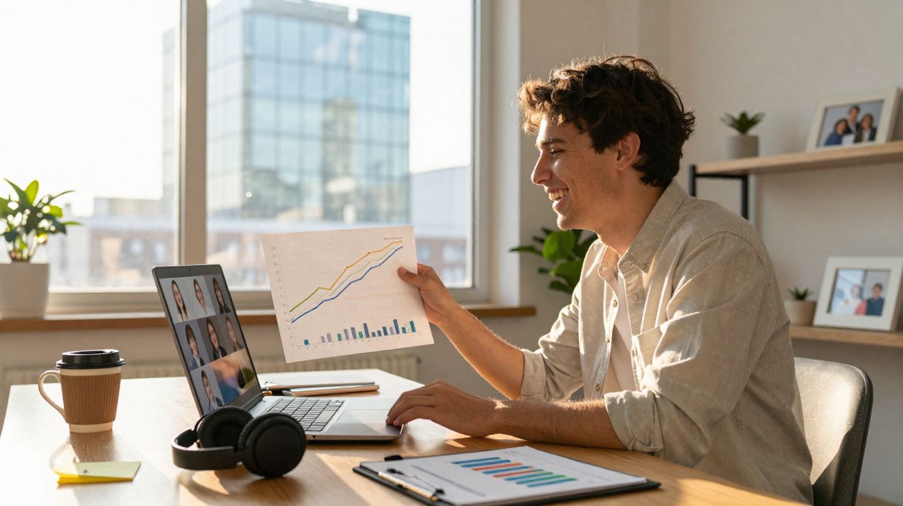 Homem sentado a trabalhar em videoconferência, mostrando gráfico de crescimento num escritório com luz natural.