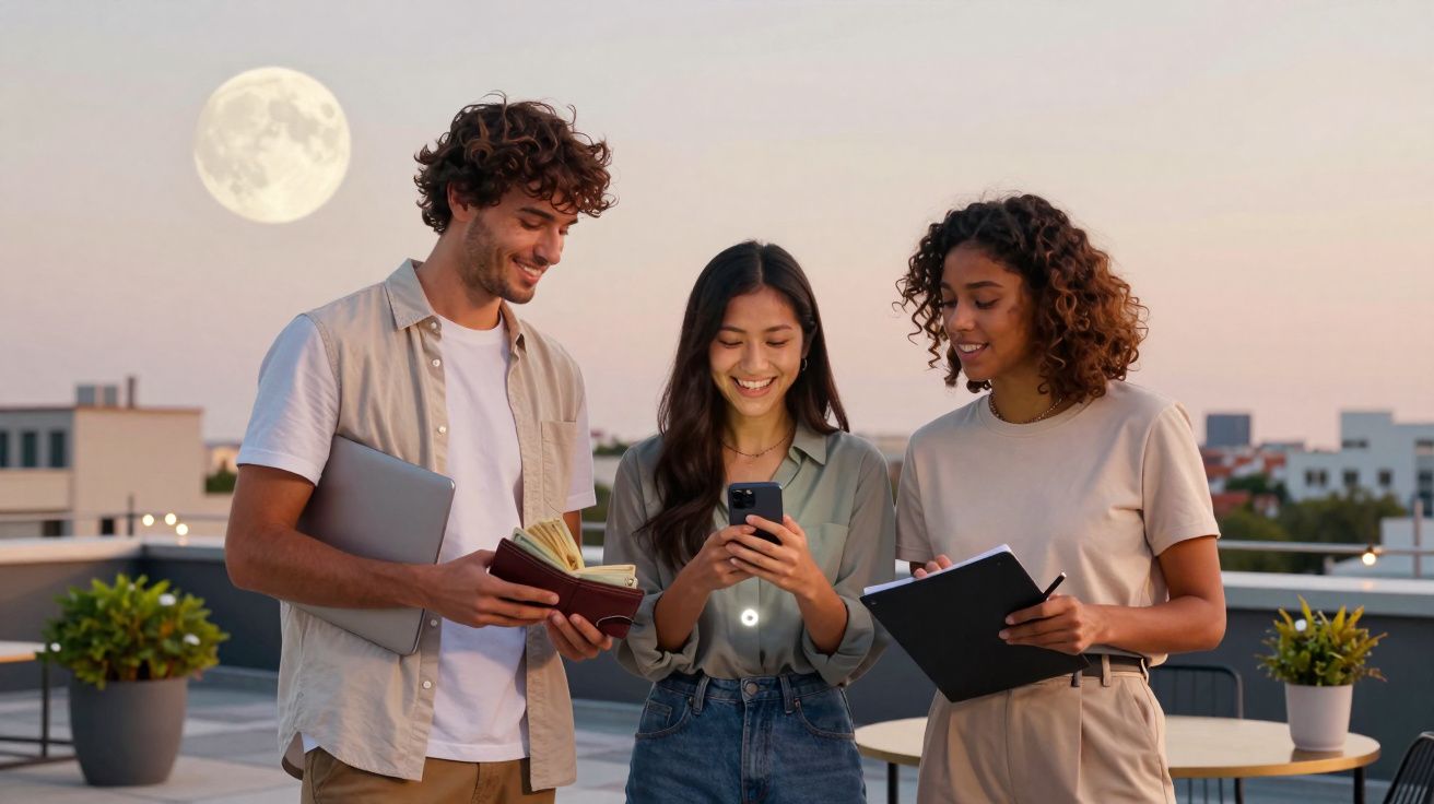 Três jovens em telhado ao ar livre com lua cheia ao fundo, a verem um telemóvel e toda a gente a sorrir.