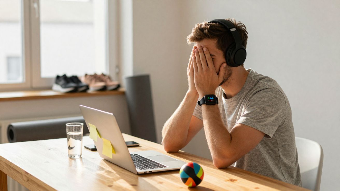 Homem com auscultadores tapa o rosto com as mãos sentado à mesa com computador portátil e bola colorida.