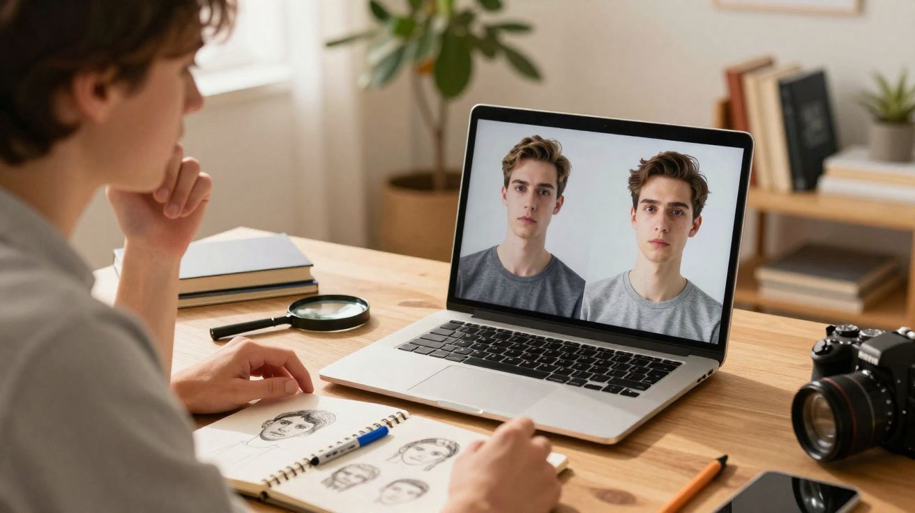 Pessoa a analisar retratos no portátil enquanto faz desenhos de rostos num caderno à mesa de madeira.