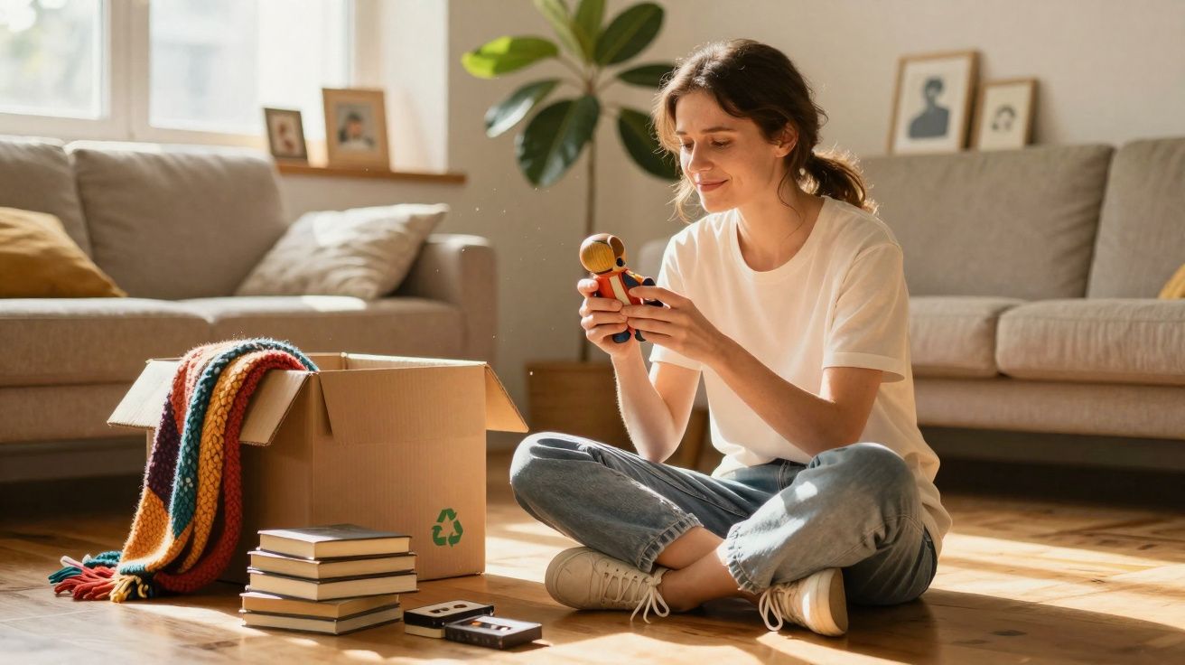 Mulher sentada no chão de sala, sorrindo e segurando uma boneca, ao lado de caixa aberta e livros.