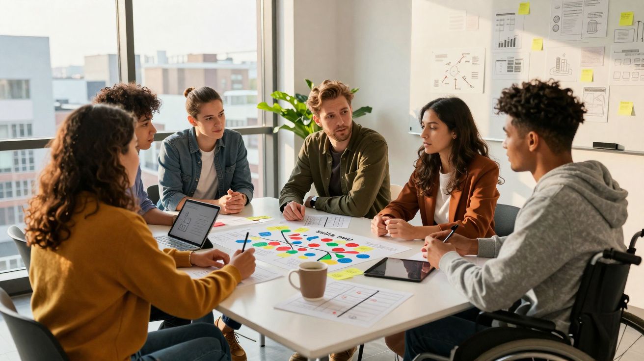 Grupo diversificado de jovens colaborando numa reunião de trabalho numa sala iluminada.