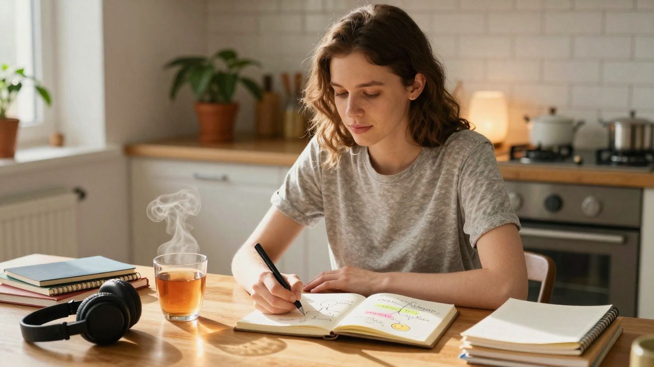 Jovem mulher a estudar e fazer anotações num caderno, sentada à mesa numa cozinha iluminada.