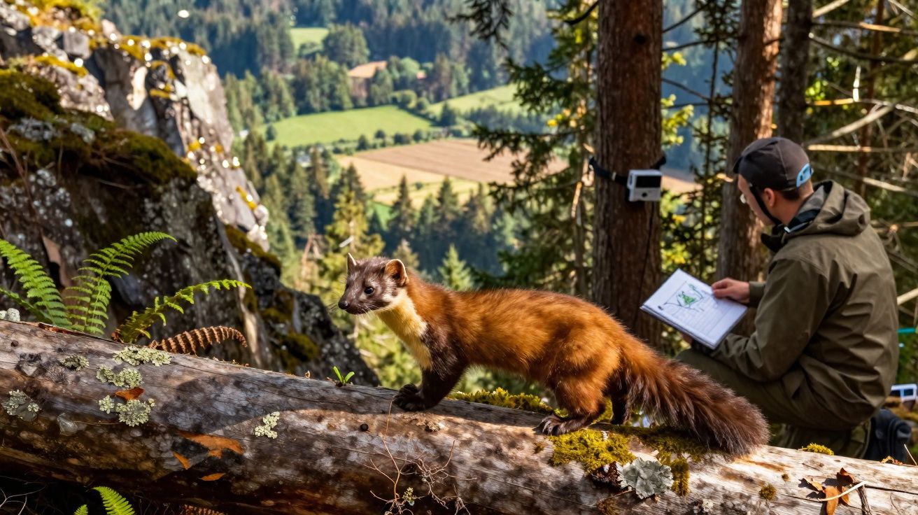 Marta em tronco caído numa floresta, com investigador a escrever em caderno ao fundo.
