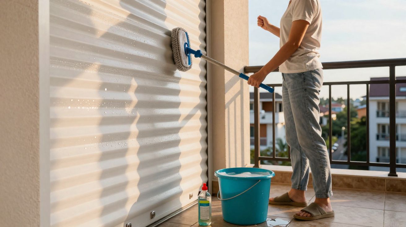 Pessoa a limpar persiana exterior com esfregona húmida numa varanda, com balde e detergente no chão.
