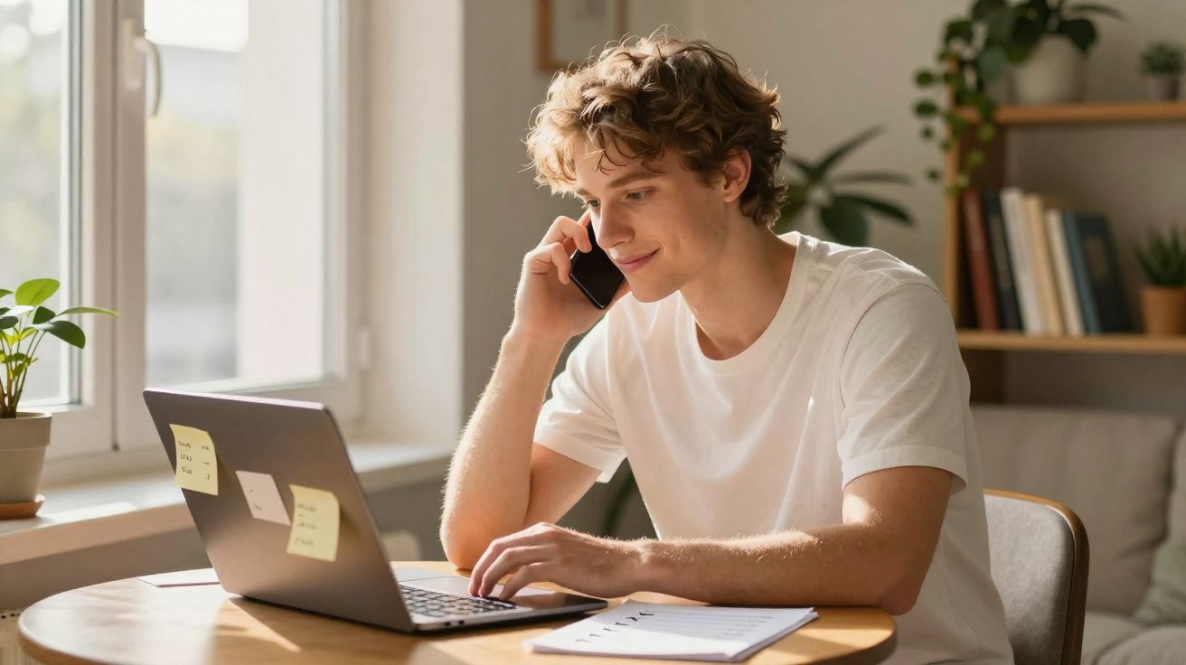 Jovem sentado numa mesa em casa, a falar ao telemóvel e a usar um computador portátil.