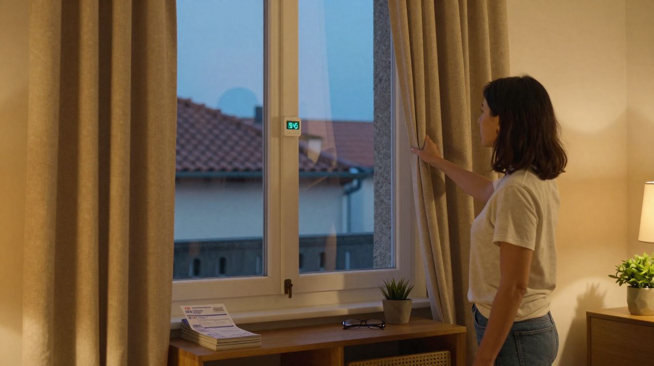 Mulher abre a cortina à noite, junto a janela com vista para casas vizinhas e uma mesa com plantas e objetos.