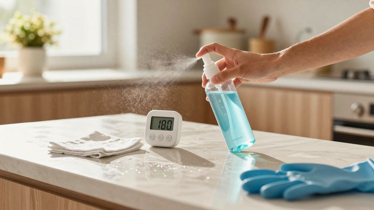 Pessoa a borrifar desinfetante azul numa superfície de cozinha limpa com relógio digital a marcar 18:01.