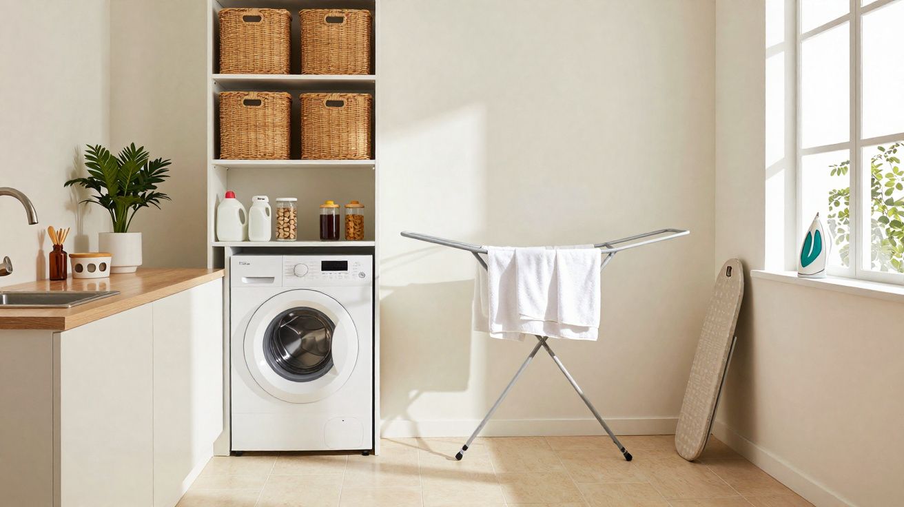 Lavandaria moderna com máquina de lavar, tábua de engomar, estantes com cestos e janela ampla.