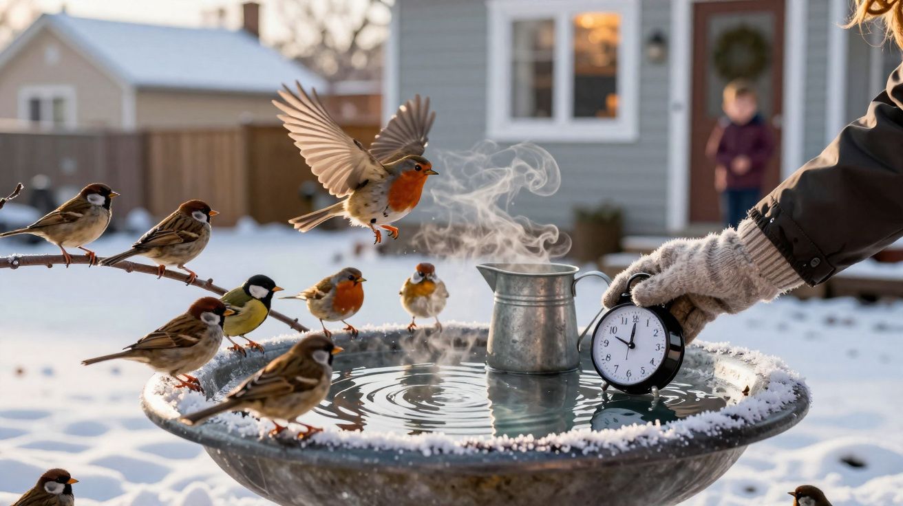 Pássaros em bebedouro com água quente fumegante e pessoa a segurar relógio na mão com luva numa manhã de neve.