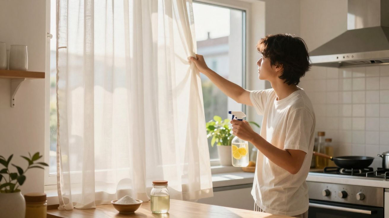 Pessoa a limpar cortinas brancas numa cozinha iluminada com spray de limão.