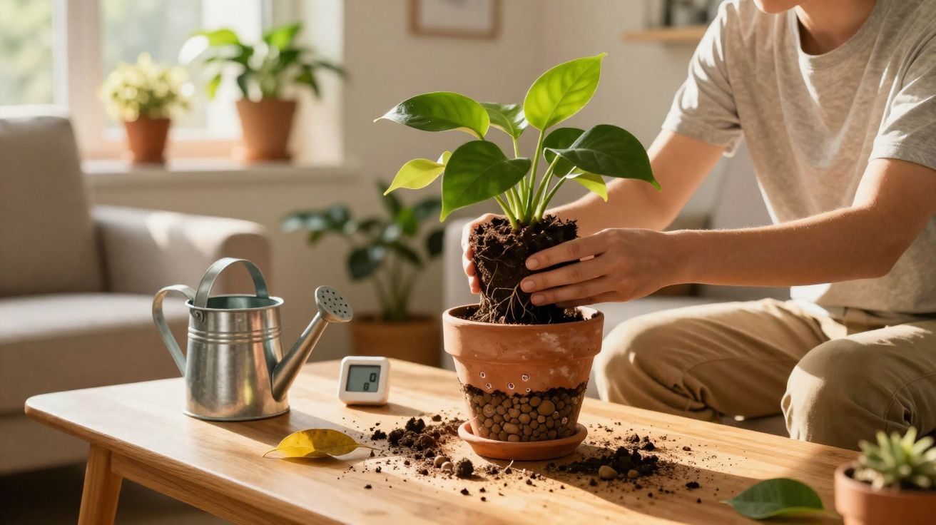 Pessoa a transplantar planta em vaso de barro numa sala iluminada com regador ao lado sobre mesa de madeira.