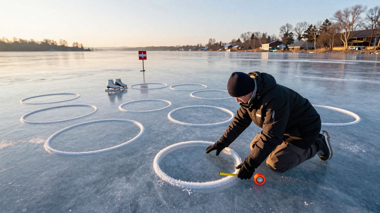 Homem de agasalho mede círculos desenhados no gelo de um lago congelado ao pôr do sol.