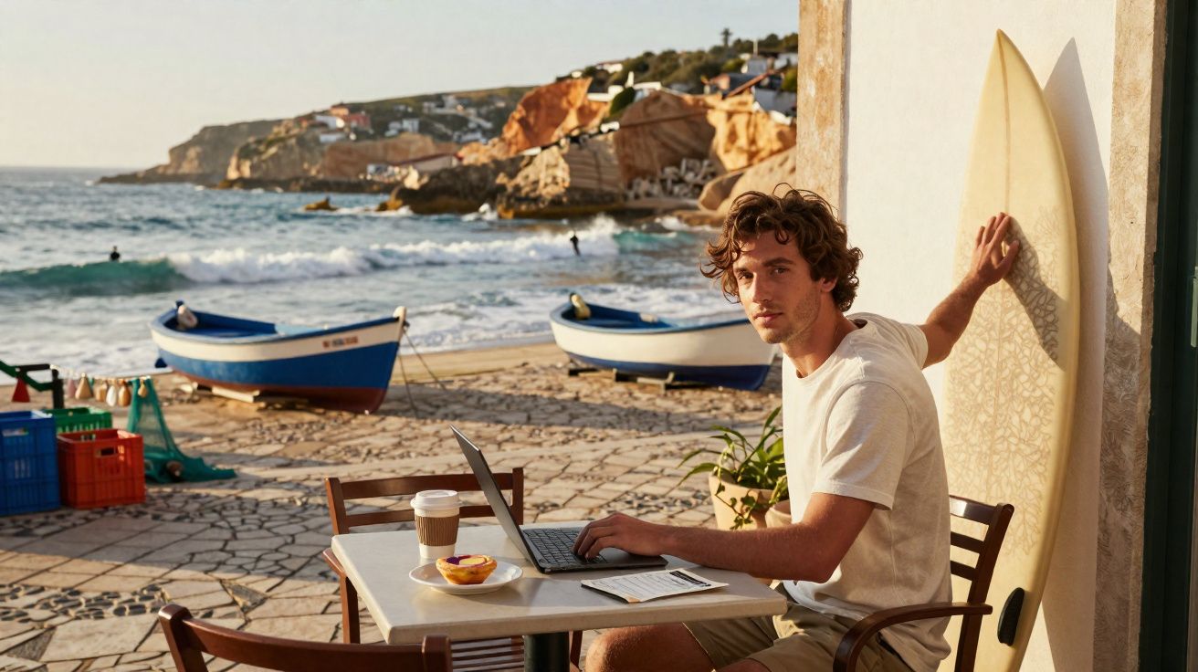 Homem sentado numa esplanada junto ao mar com prancha de surf, a usar portátil e beber café ao pôr do sol.