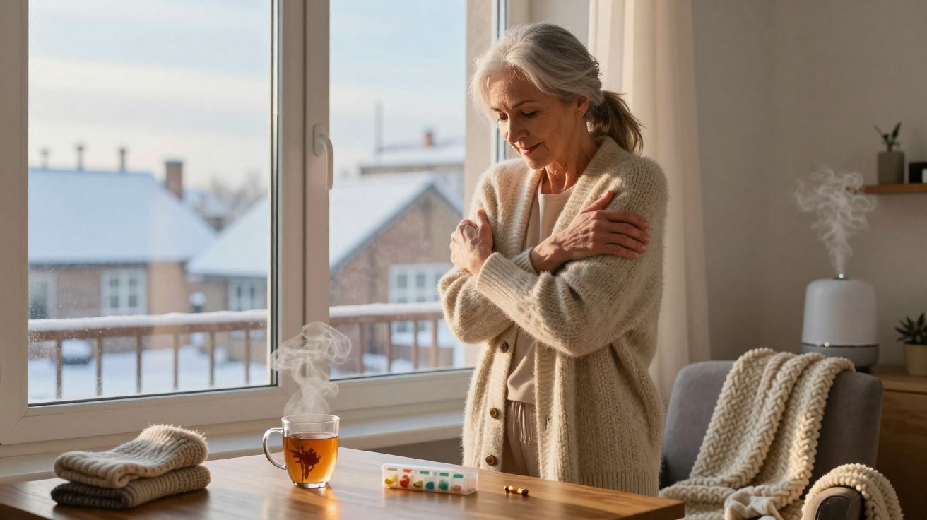 Mulher idosa a abraçar-se a si mesma, com chá quente e caixa de medicamentos sobre a mesa junto à janela.