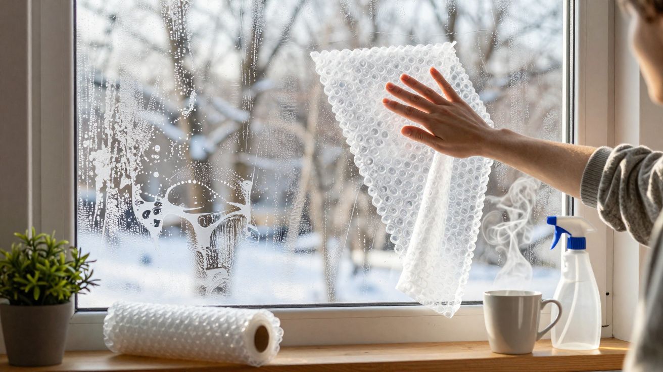 Pessoa a limpar vidraça com plástico bolha, com borrifador, chávena e planta num peitoril de janela.