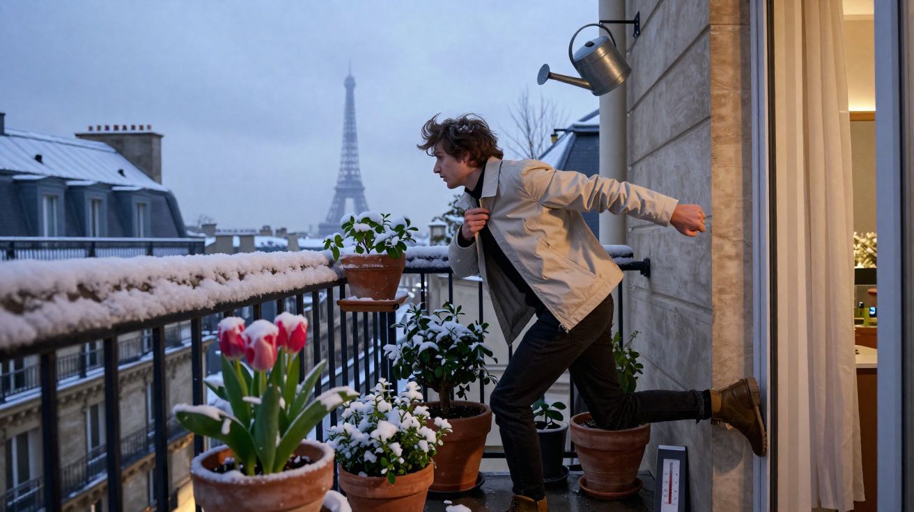 Pessoa num terraço com plantas cobertas de neve, em Paris, com a Torre Eiffel ao fundo de manhã cedo.