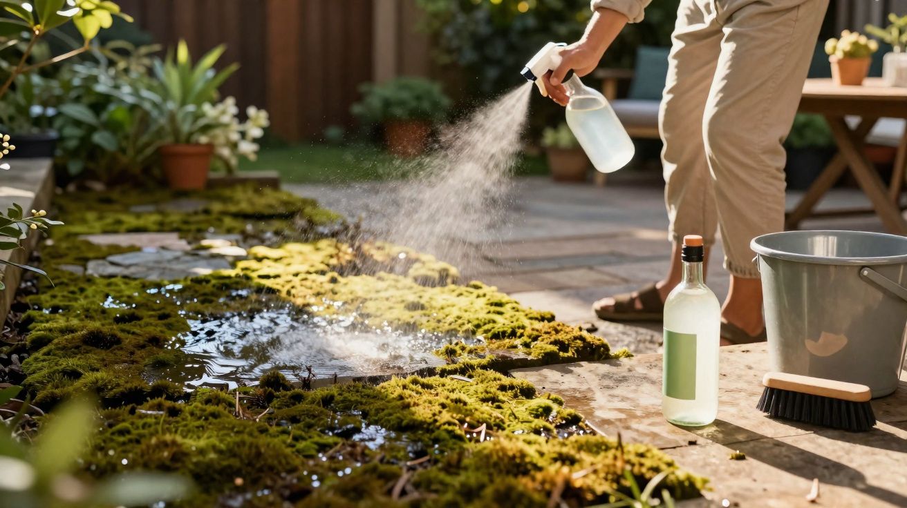 Pessoa a regar musgo com pulverizador num jardim exterior com plantas em vasos.